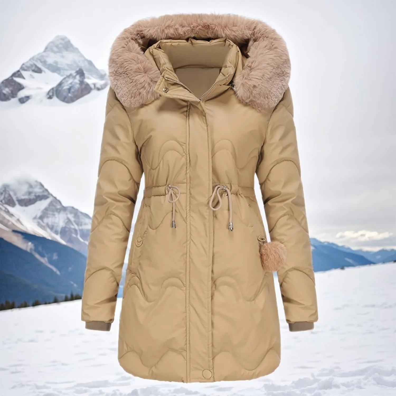 Women's Puffer Jackets Warm Winter Down Coats Long Length Maxi Solid Color Zip Quilted Puffer Jackets with Fur Hood