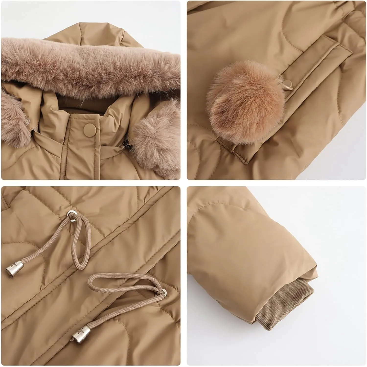 Women's Puffer Jackets Warm Winter Down Coats Long Length Maxi Solid Color Zip Quilted Puffer Jackets with Fur Hood
