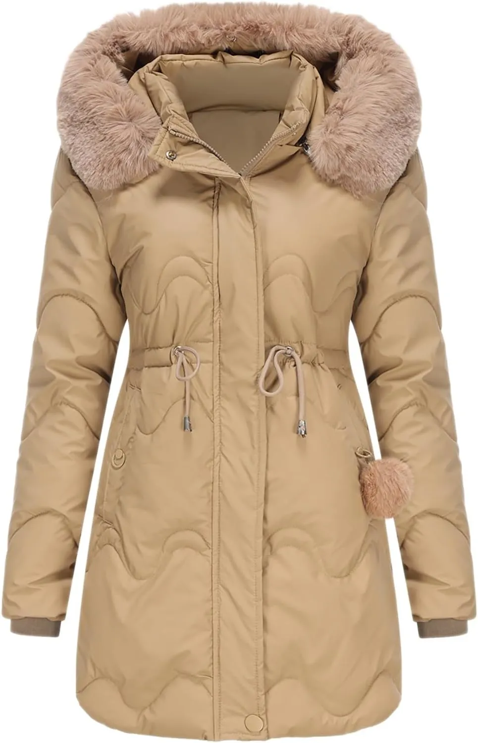 Women's Puffer Jackets Warm Winter Down Coats Long Length Maxi Solid Color Zip Quilted Puffer Jackets with Fur Hood
