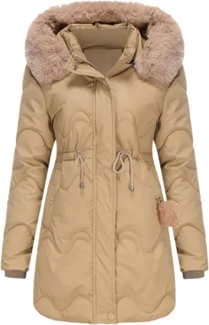 Women's Puffer Jackets Warm Winter Down Coats Long Length Maxi Solid Color Zip Quilted Puffer Jackets with Fur Hood