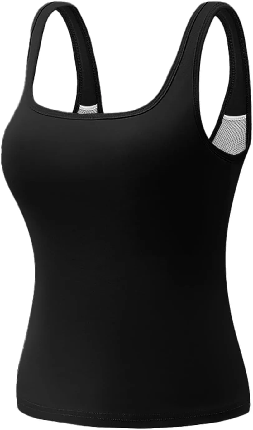 Women's Racerback Tank with Built in Bra Casual Basic Square Neck Sleeveless Cami Tanks Summer Solid Undershirt