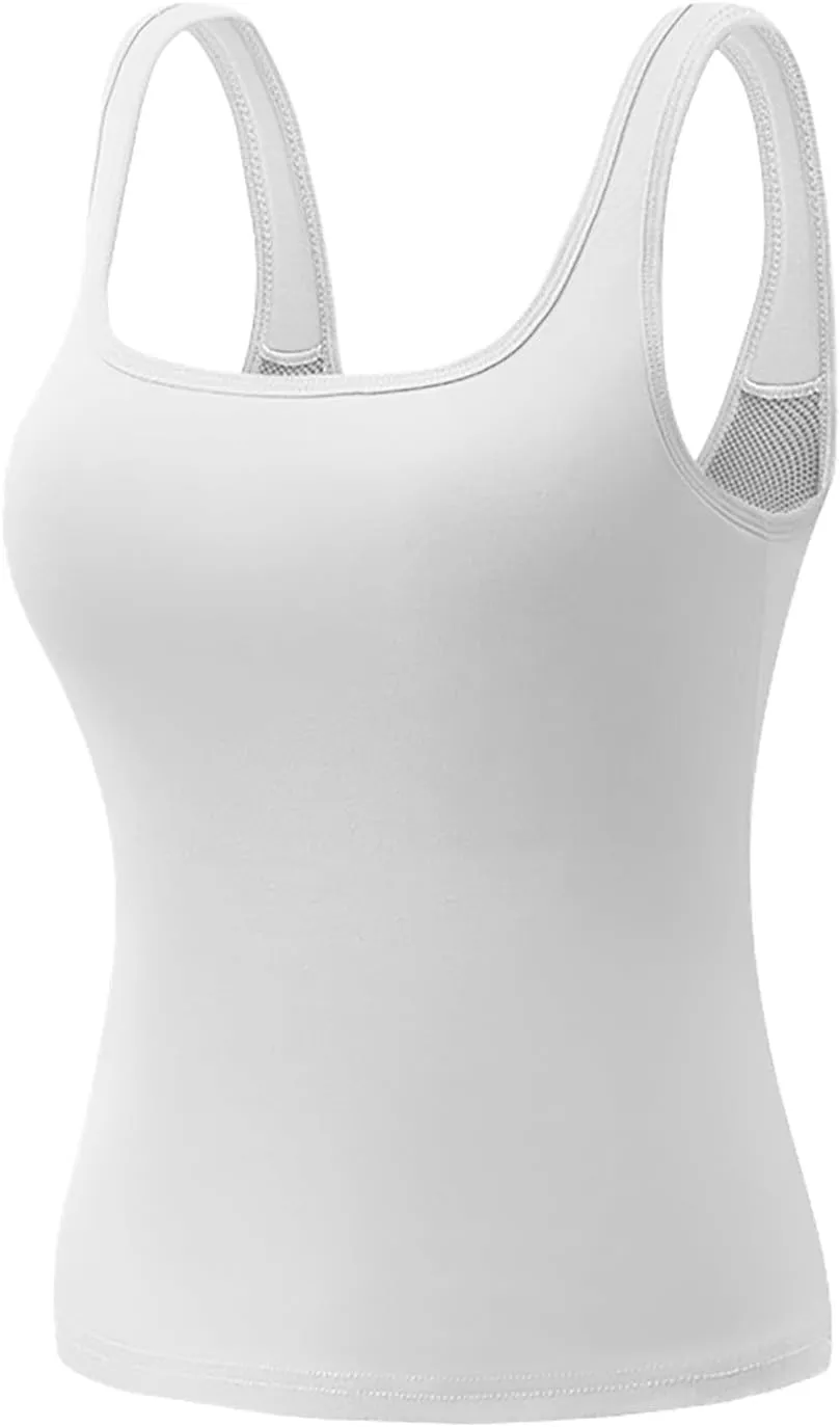Women's Racerback Tank with Built in Bra Casual Basic Square Neck Sleeveless Cami Tanks Summer Solid Undershirt