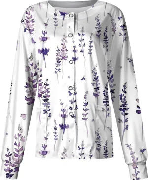 Women'S Scrub Jacket Tops Long Sleeve Floral Printed Stand-Up Collar Button Front Working Nurse Uniforms With Pockets
