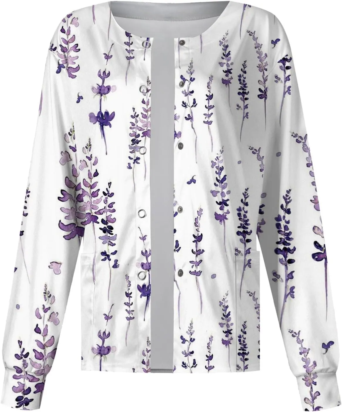 Women'S Scrub Jacket Tops Long Sleeve Floral Printed Stand-Up Collar Button Front Working Nurse Uniforms With Pockets
