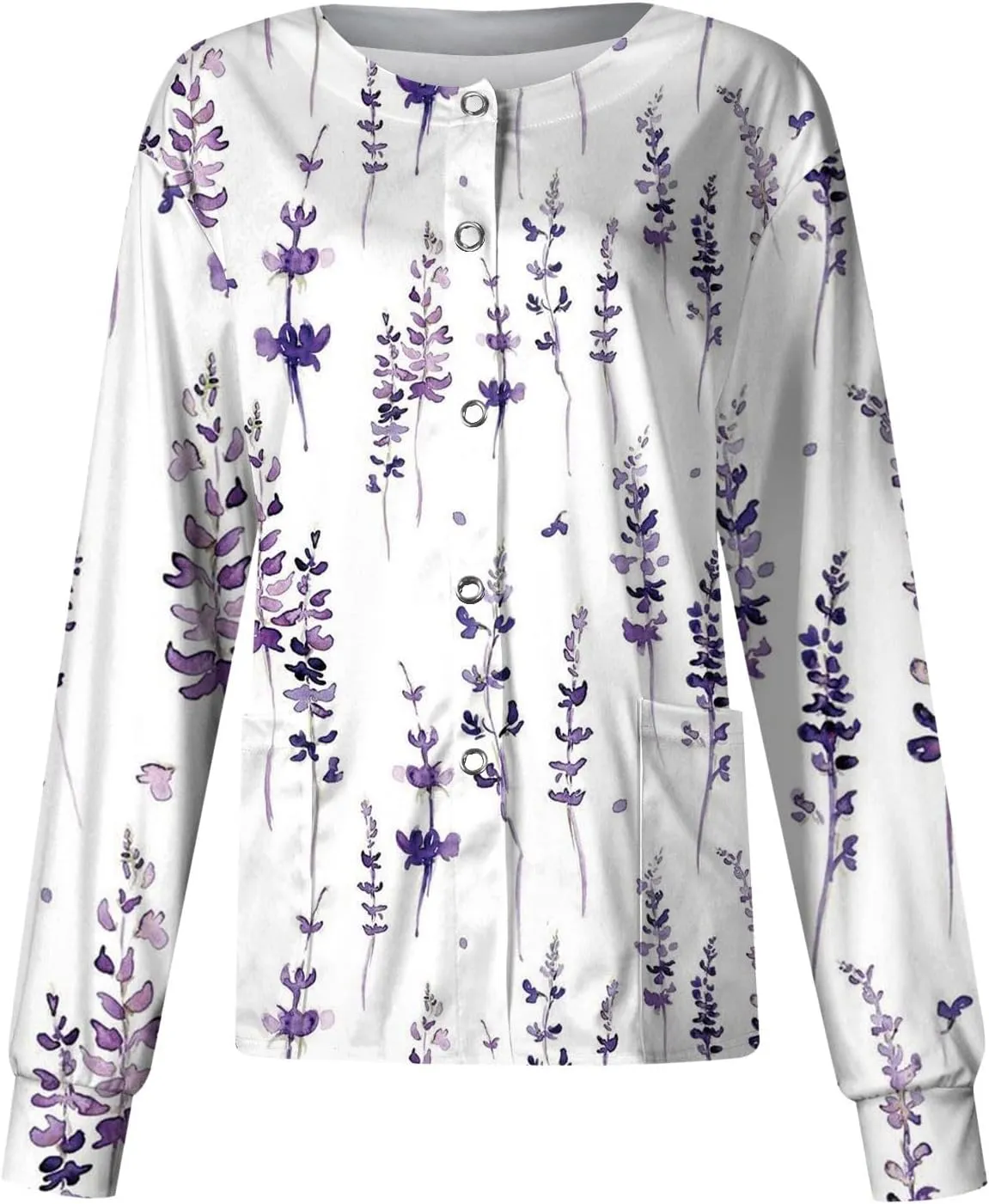 Women'S Scrub Jacket Tops Long Sleeve Floral Printed Stand-Up Collar Button Front Working Nurse Uniforms With Pockets