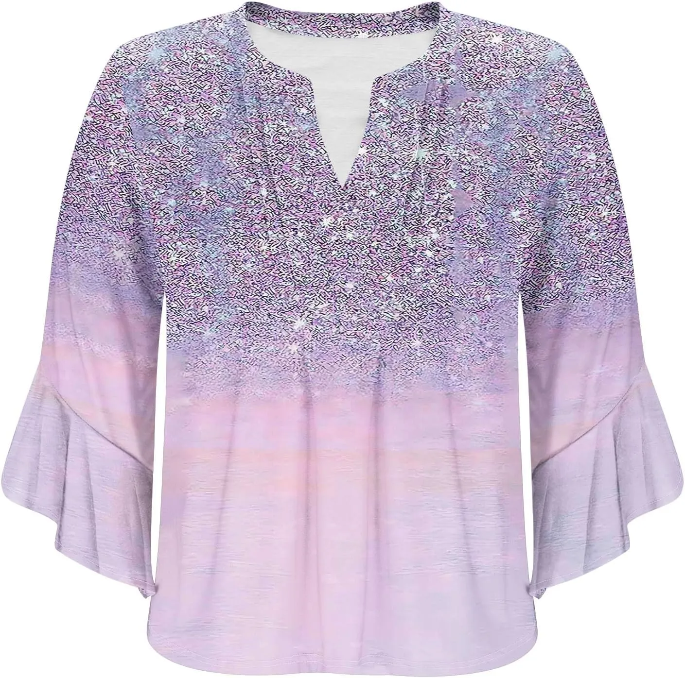 Women's Sequins Printed 3/4 Sleeve Tops Loose Fit Casual V Neck Bell Sleeve Tunic Shirts Trendy Sparkle Summer Blouse Tees
