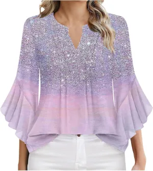 Women's Sequins Printed 3/4 Sleeve Tops Loose Fit Casual V Neck Bell Sleeve Tunic Shirts Trendy Sparkle Summer Blouse Tees