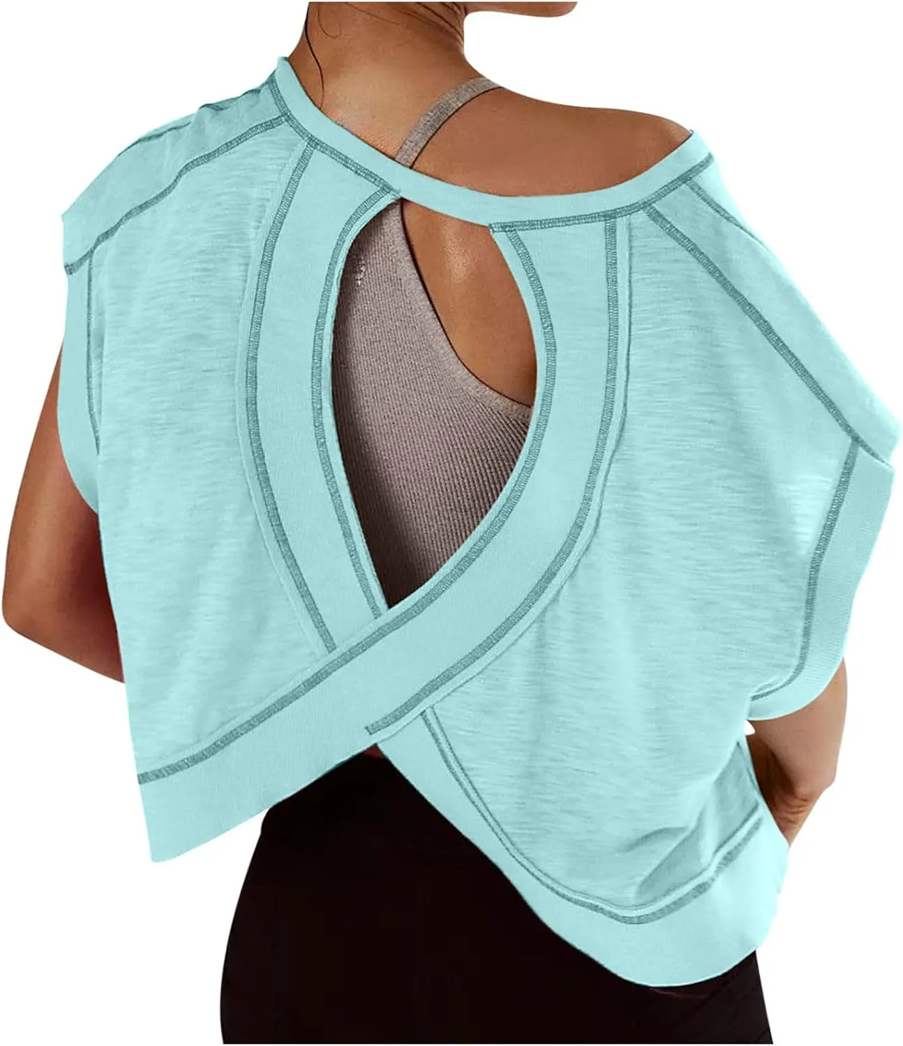 Women's Sexy Open Back Yoga Crop Tops - Cute Summer Crew Neck Athletic Running Shirts Loose Workout Short Sleeve Pullover