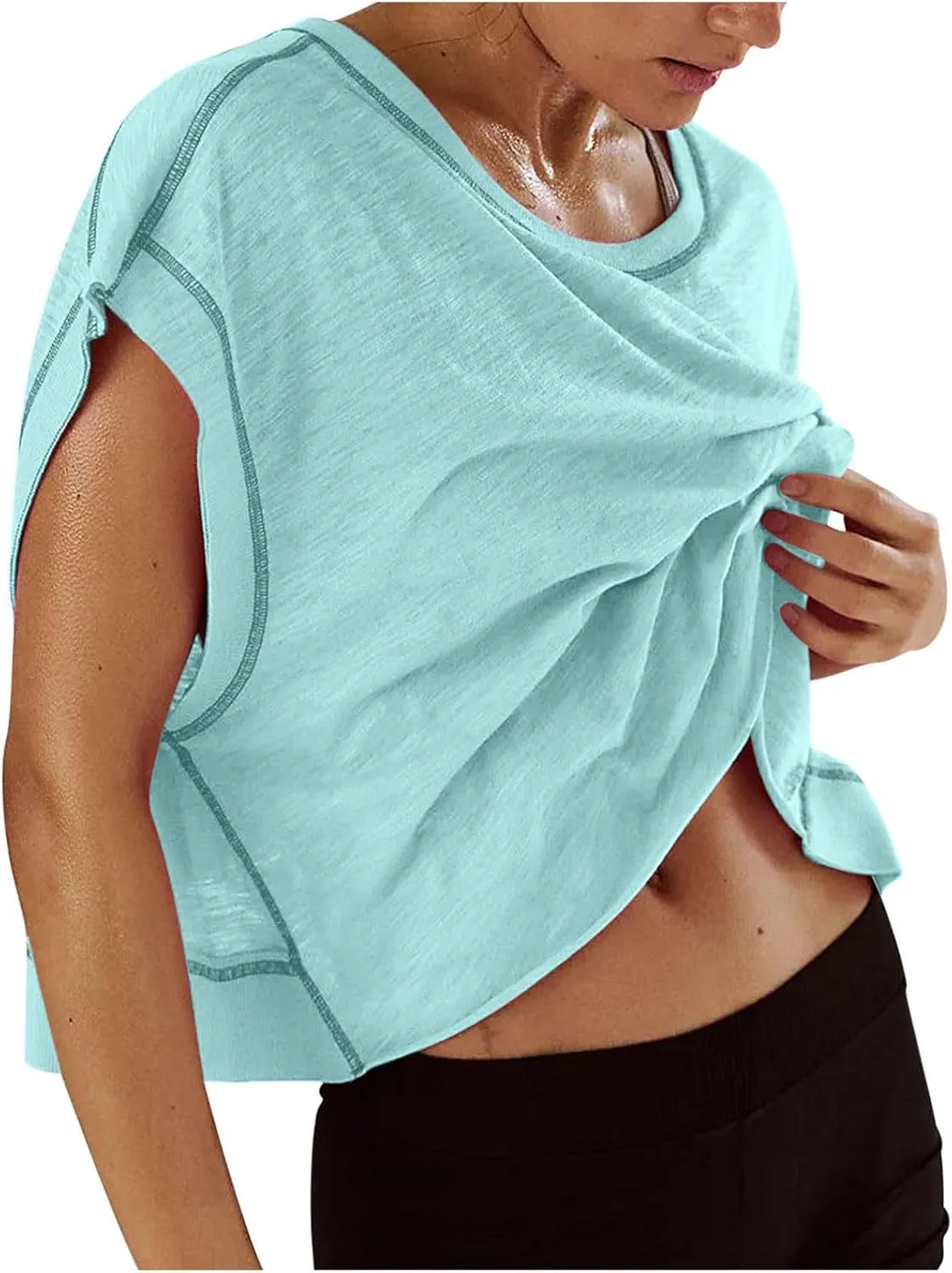 Women's Sexy Open Back Yoga Crop Tops - Cute Summer Crew Neck Athletic Running Shirts Loose Workout Short Sleeve Pullover