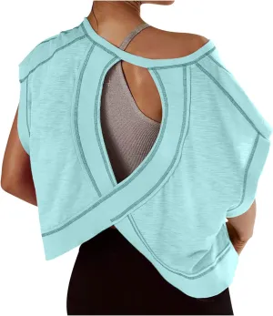 Women's Sexy Open Back Yoga Crop Tops - Cute Summer Crew Neck Athletic Running Shirts Loose Workout Short Sleeve Pullover