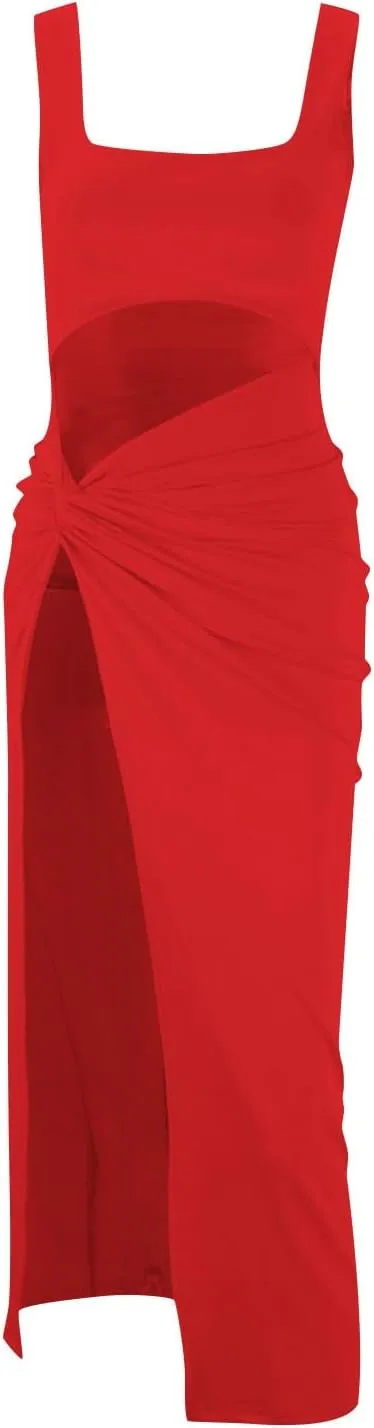 Women's Sexy Sleeveless Backless Long Bodycon Slit Skirt 2 Pieces Dress Square Neck Summer Beach Sundress
