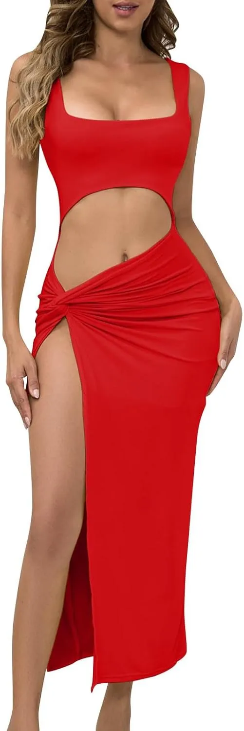 Women's Sexy Sleeveless Backless Long Bodycon Slit Skirt 2 Pieces Dress Square Neck Summer Beach Sundress