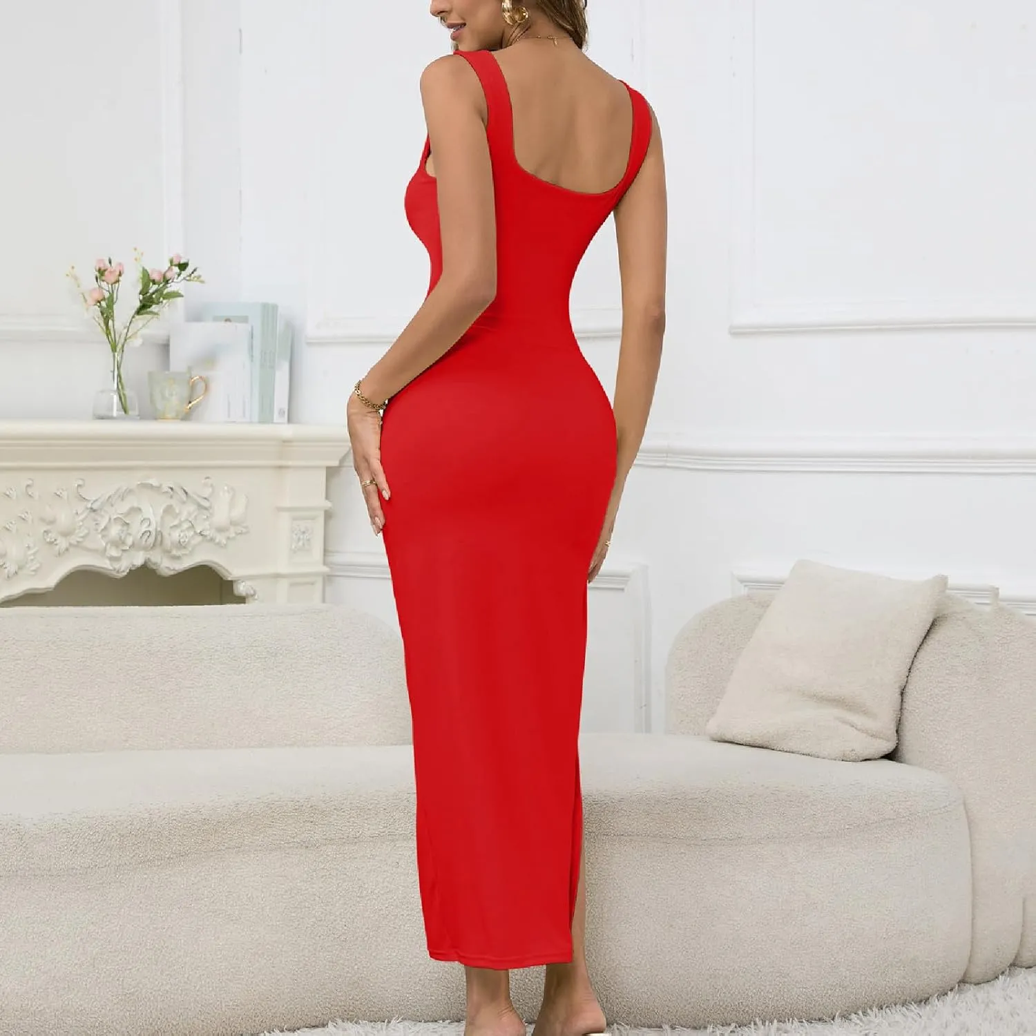 Women's Sexy Sleeveless Backless Long Bodycon Slit Skirt 2 Pieces Dress Square Neck Summer Beach Sundress
