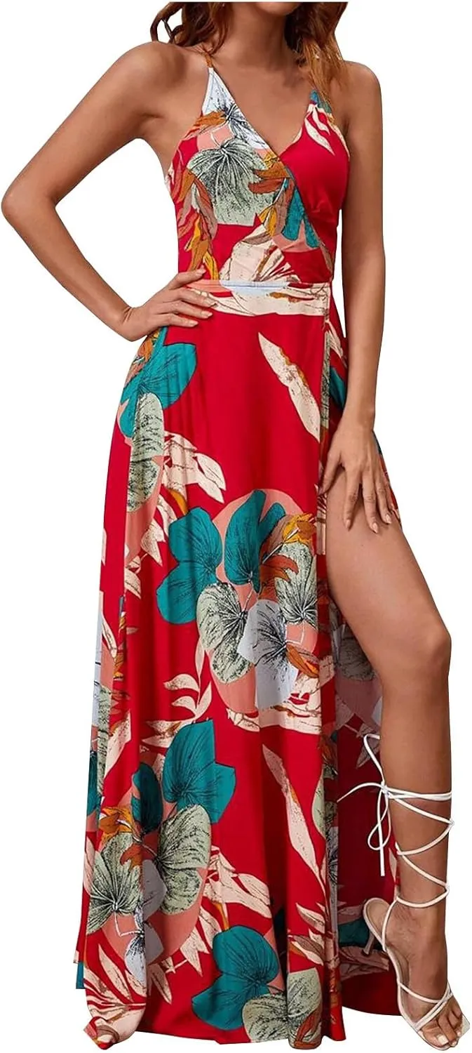 Womens Sexy Spaghetti Straps Maxi Dresses Beach Boho Dress Flowy Vocation Outfits 2025