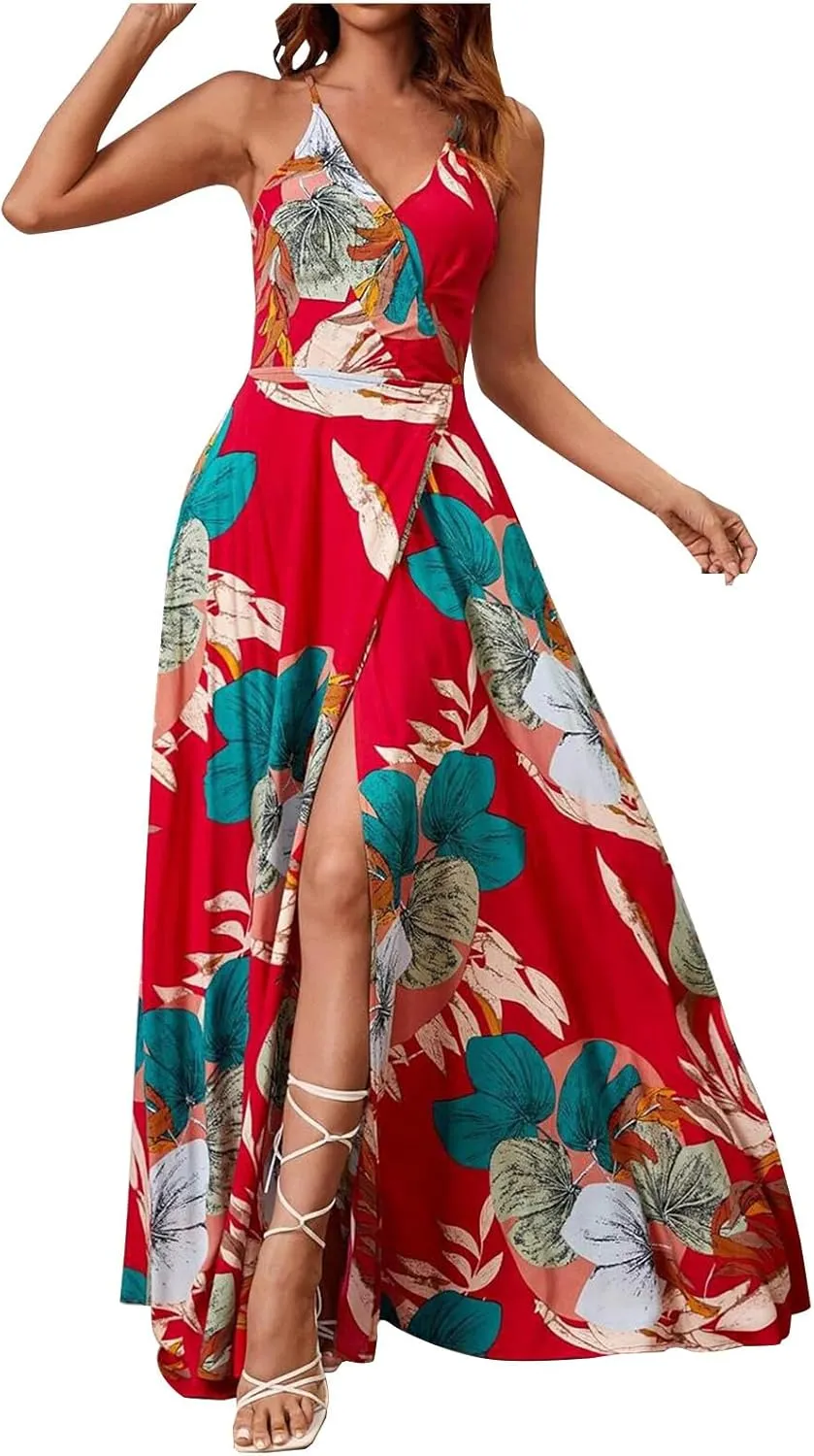 Womens Sexy Spaghetti Straps Maxi Dresses Beach Boho Dress Flowy Vocation Outfits 2025
