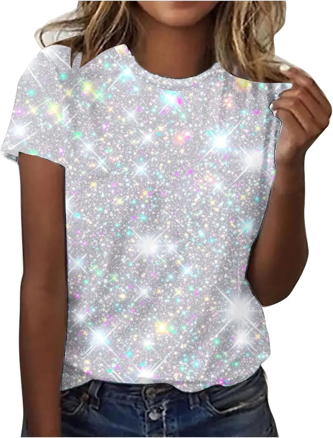 Women's Shiny Sequins Printed Basic Summer Tops Loose Fit Casual Short Sleeve T Shirts Crewneck Trendy Sparkle Blouse
