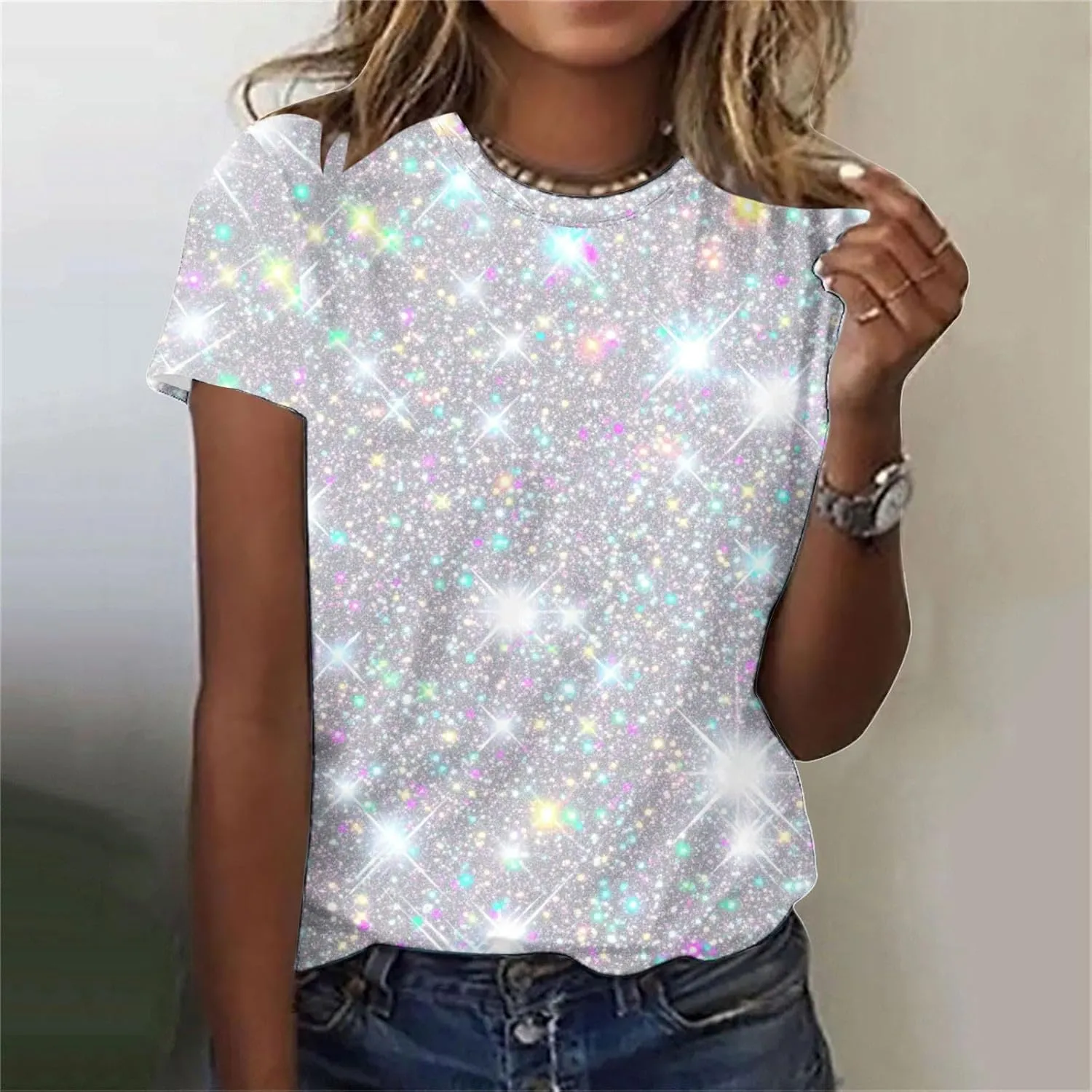 Women's Shiny Sequins Printed Basic Summer Tops Loose Fit Casual Short Sleeve T Shirts Crewneck Trendy Sparkle Blouse