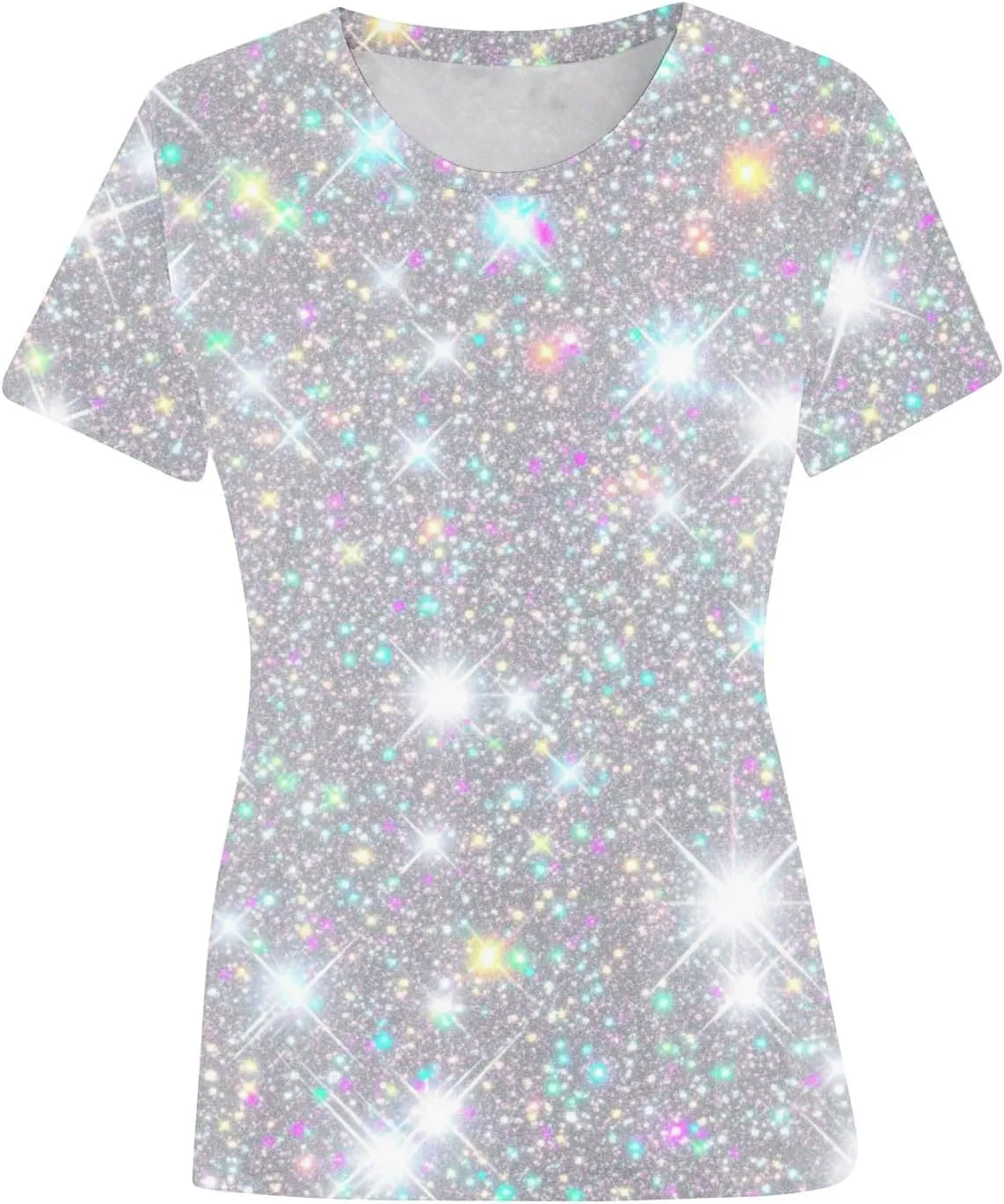 Women's Shiny Sequins Printed Basic Summer Tops Loose Fit Casual Short Sleeve T Shirts Crewneck Trendy Sparkle Blouse