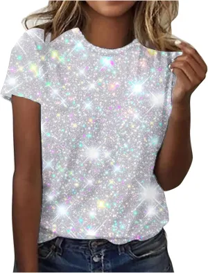 Women's Shiny Sequins Printed Basic Summer Tops Loose Fit Casual Short Sleeve T Shirts Crewneck Trendy Sparkle Blouse