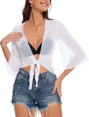 Women's Short Cardigan Bolero Shrug Sheer Tie Front Top 3/4 Sleeve Jacket for Dress