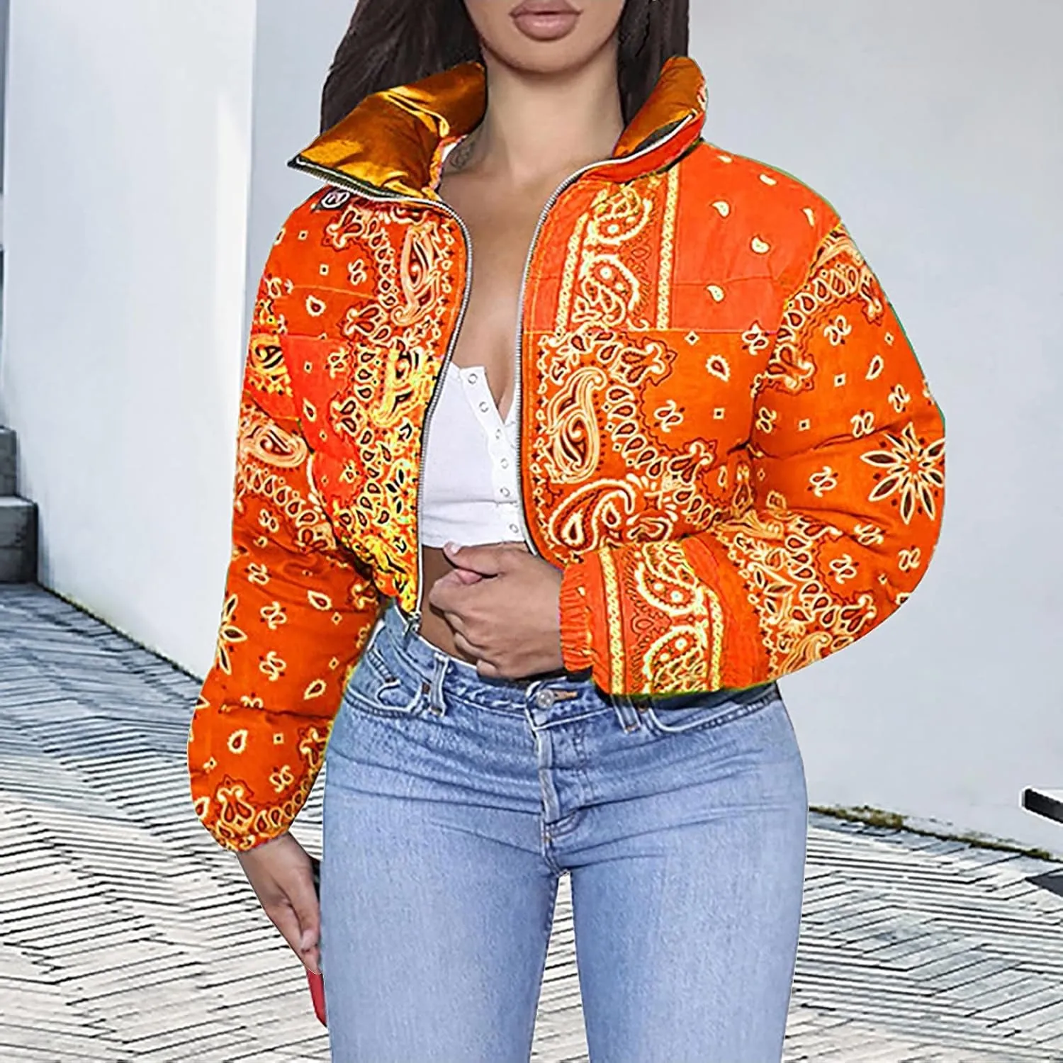 Women's Short Down Coats Lightweight Zipper Stand Collar Printed Winter Thickened Cropped Down Puffer Jackets Pockets