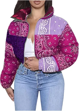 Women's Short Down Coats Lightweight Zipper Stand Collar Printed Winter Thickened Cropped Down Puffer Jackets Pockets