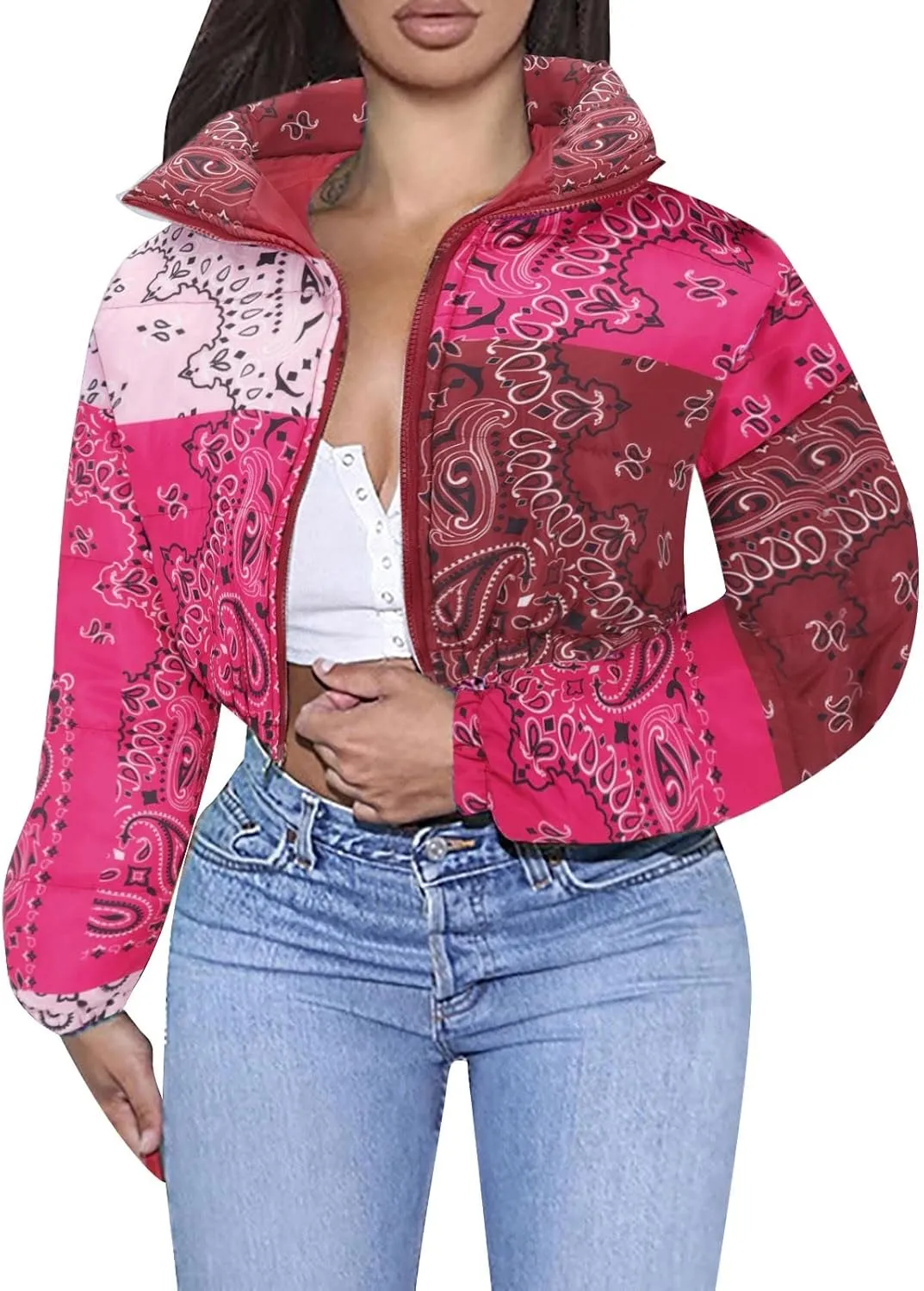 Women's Short Down Coats Lightweight Zipper Stand Collar Printed Winter Thickened Cropped Down Puffer Jackets Pockets