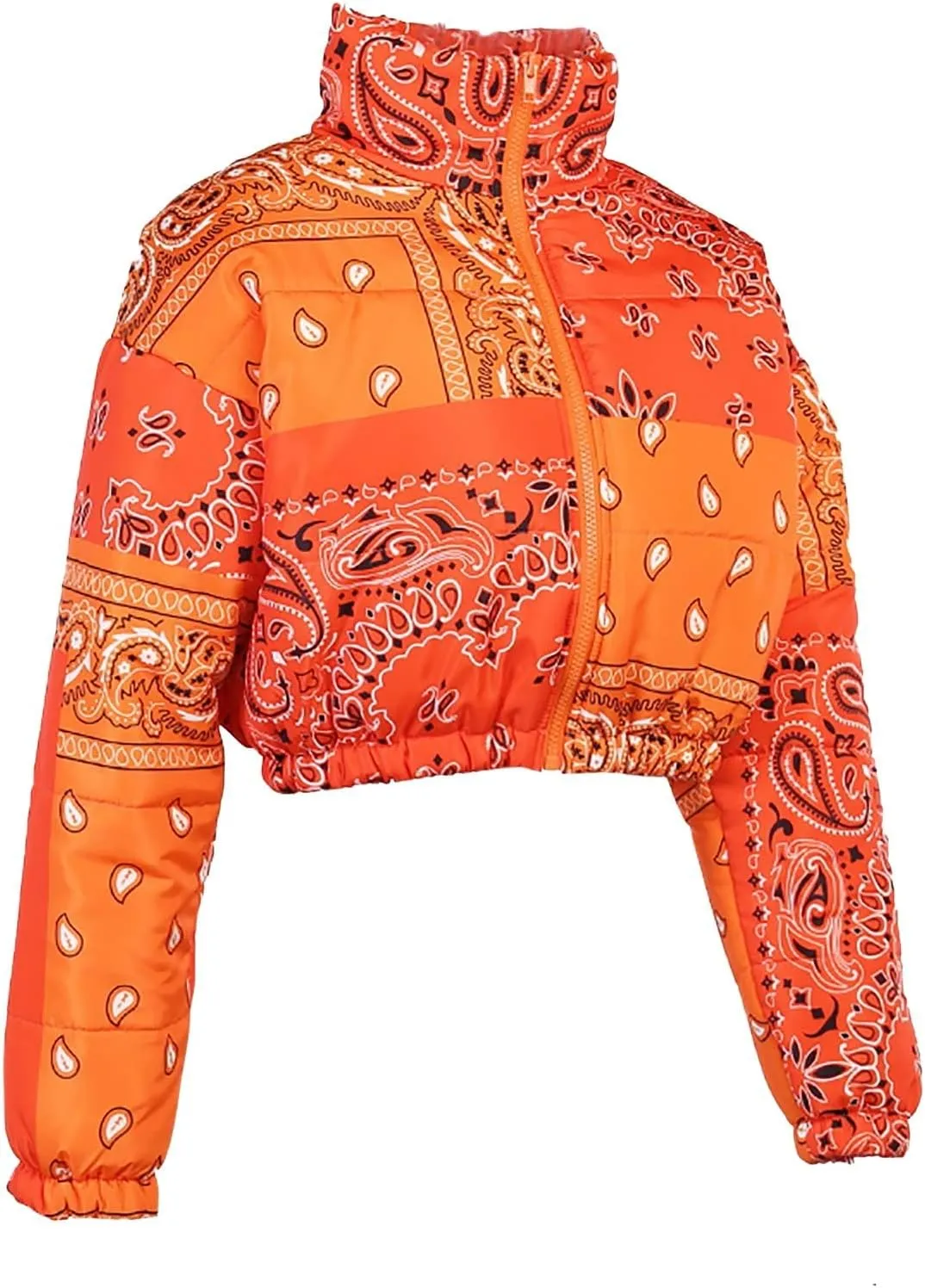 Women's Short Down Coats Lightweight Zipper Stand Collar Printed Winter Thickened Cropped Down Puffer Jackets Pockets