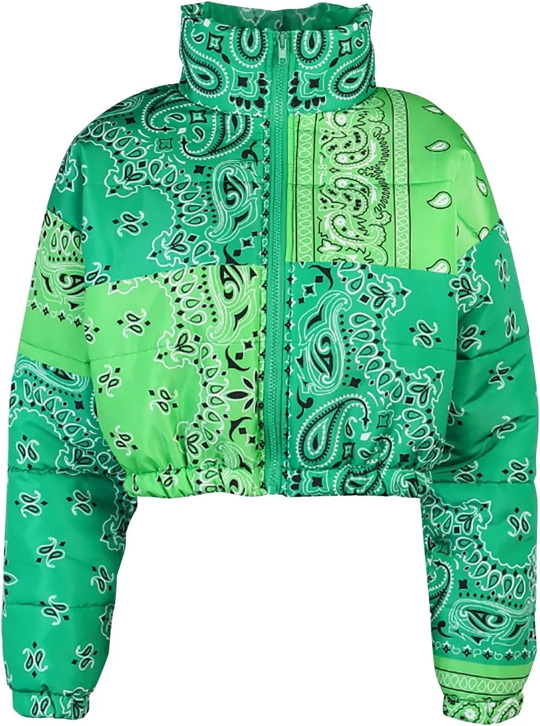 Women's Short Down Coats Lightweight Zipper Stand Collar Printed Winter Thickened Cropped Down Puffer Jackets Pockets