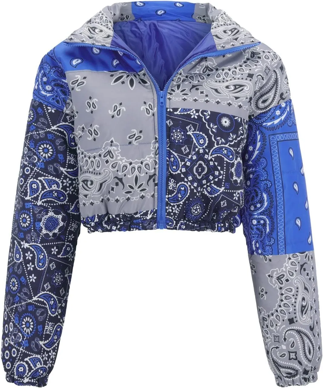 Women's Short Down Coats Lightweight Zipper Stand Collar Printed Winter Thickened Cropped Down Puffer Jackets Pockets