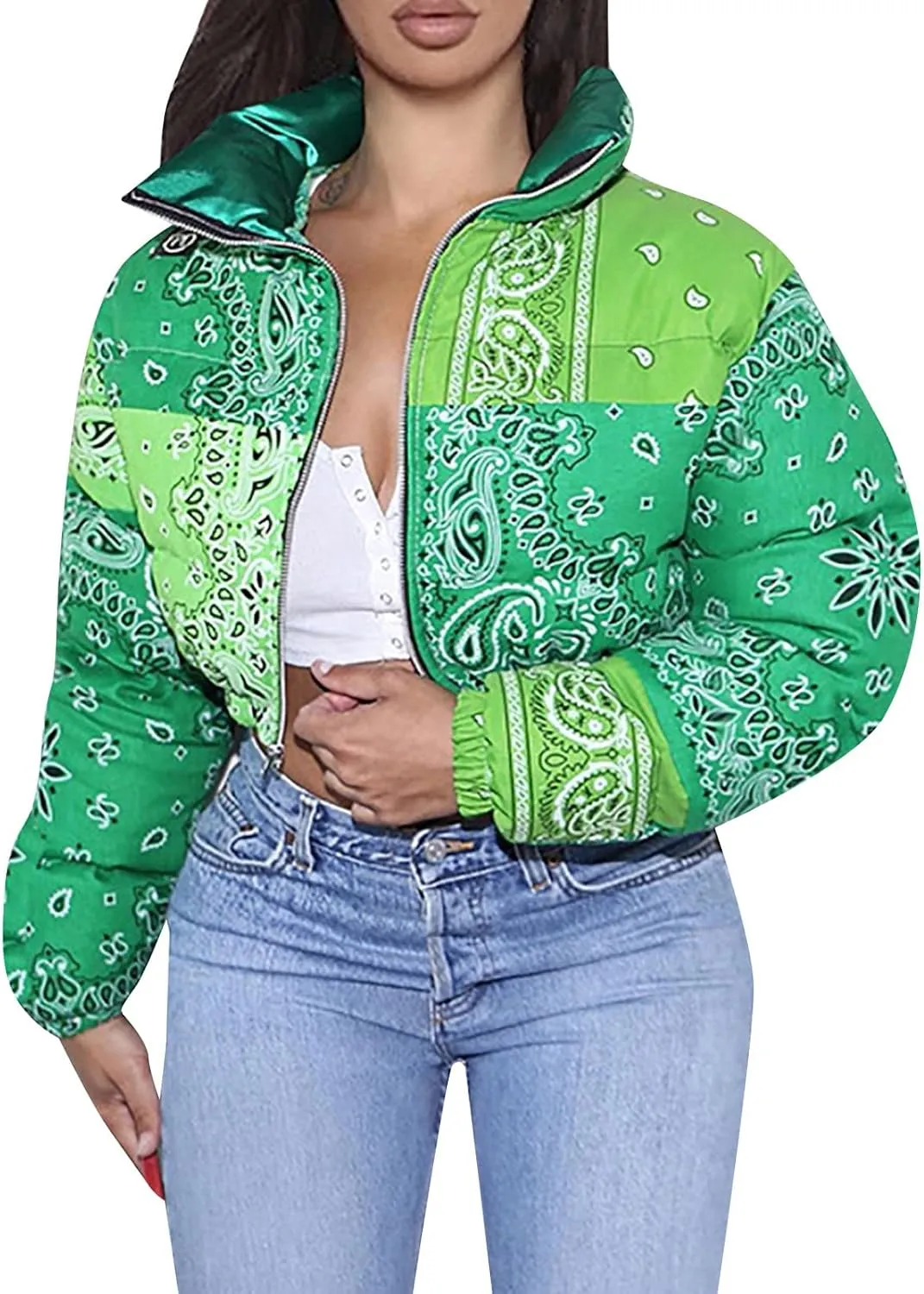 Women's Short Down Coats Lightweight Zipper Stand Collar Printed Winter Thickened Cropped Down Puffer Jackets Pockets
