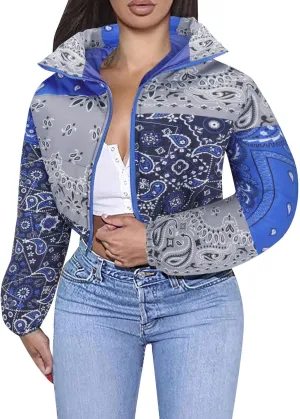 Women's Short Down Coats Lightweight Zipper Stand Collar Printed Winter Thickened Cropped Down Puffer Jackets Pockets
