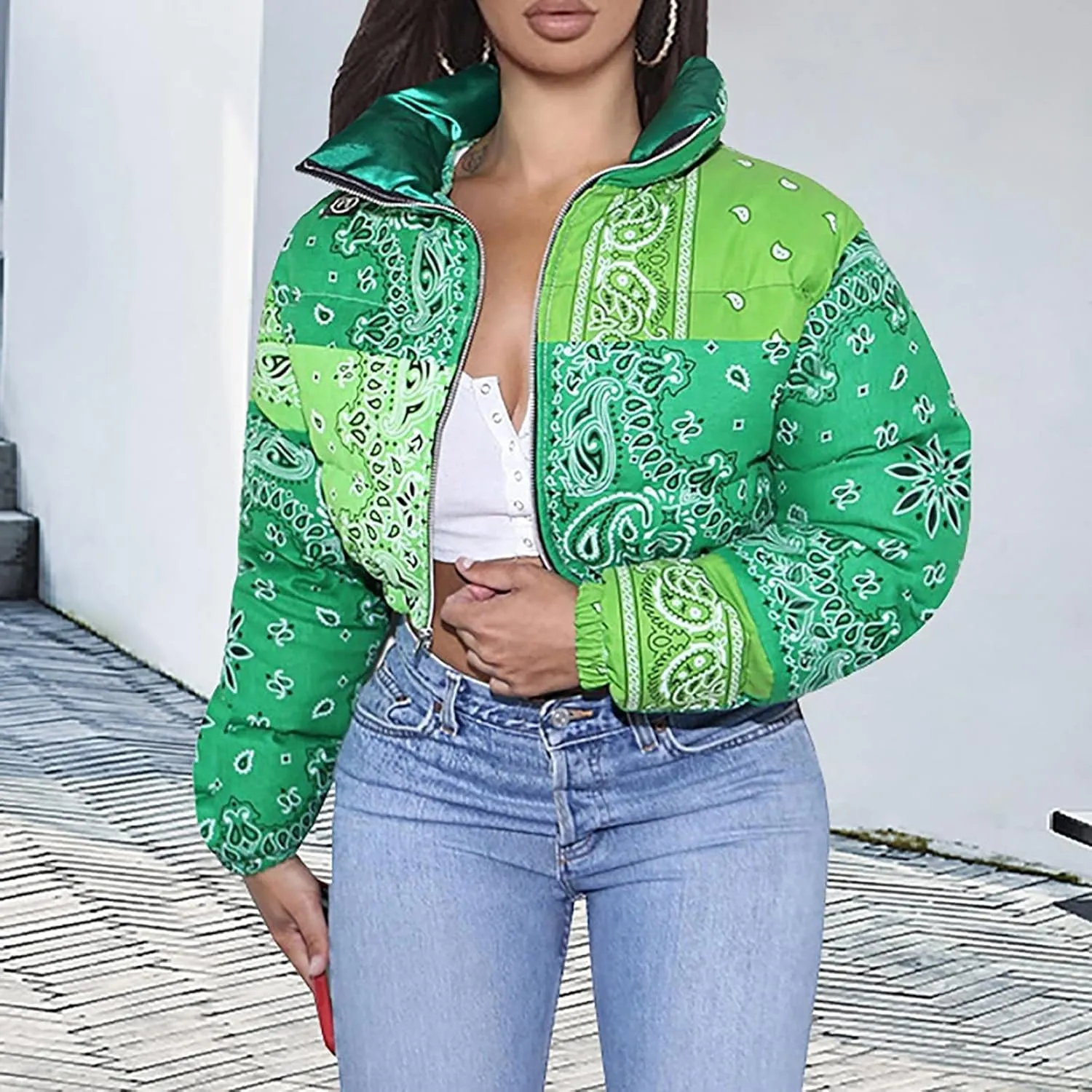 Women's Short Down Coats Lightweight Zipper Stand Collar Printed Winter Thickened Cropped Down Puffer Jackets Pockets