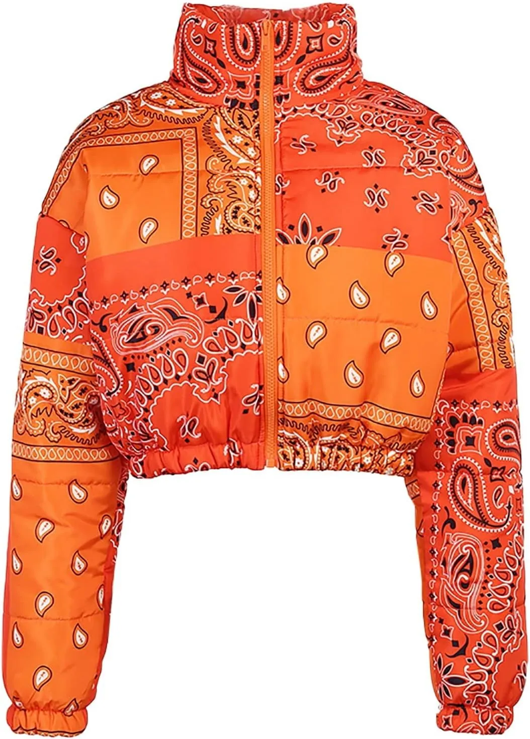 Women's Short Down Coats Lightweight Zipper Stand Collar Printed Winter Thickened Cropped Down Puffer Jackets Pockets