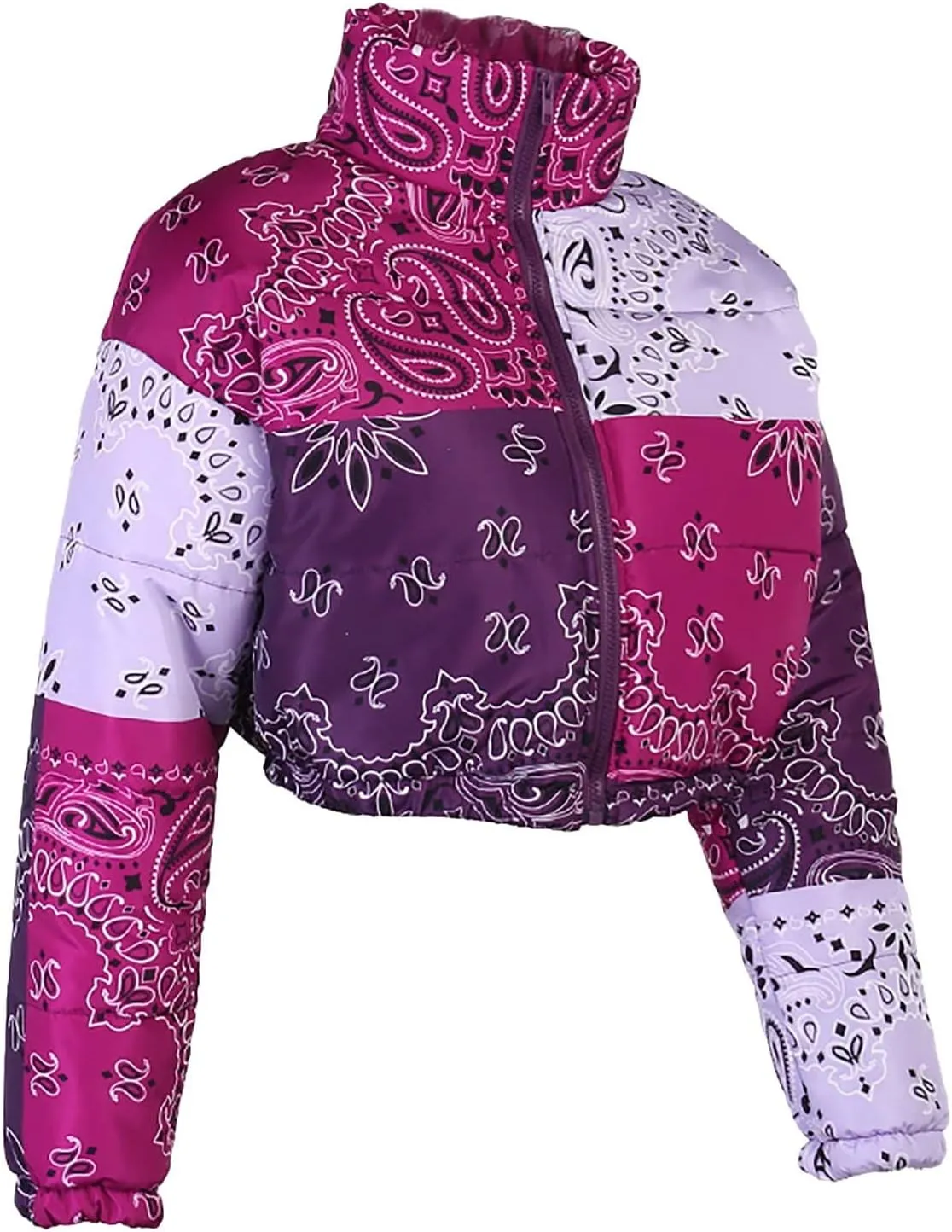 Women's Short Down Coats Lightweight Zipper Stand Collar Printed Winter Thickened Cropped Down Puffer Jackets Pockets