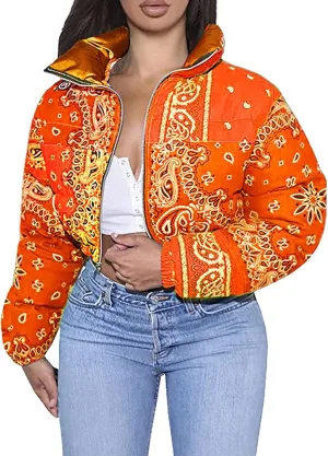 Women's Short Down Coats Lightweight Zipper Stand Collar Printed Winter Thickened Cropped Down Puffer Jackets Pockets