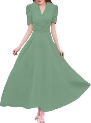 Women's Short Flutter Sleeve Dress High Waist V Neck Puff Sleeve Wedding Guest Pleated Formal Evening Maxi Dresses