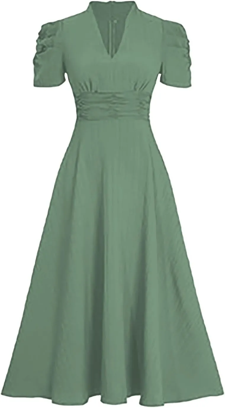 Women's Short Flutter Sleeve Dress High Waist V Neck Puff Sleeve Wedding Guest Pleated Formal Evening Maxi Dresses