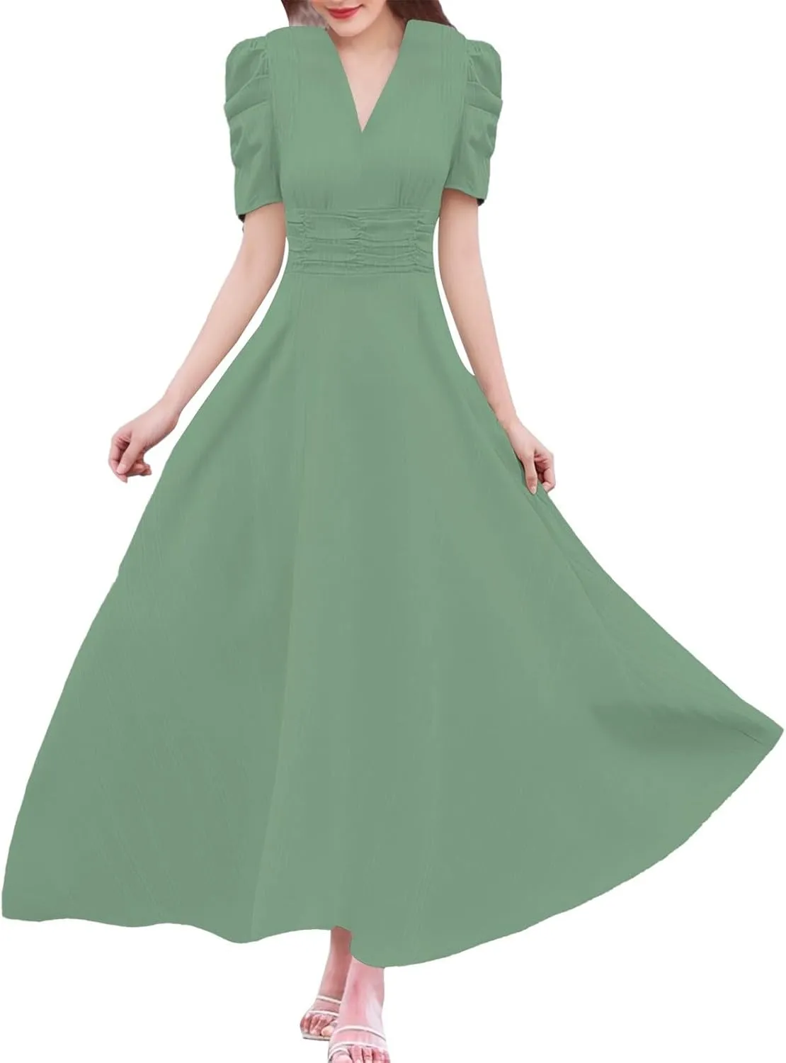 Women's Short Flutter Sleeve Dress High Waist V Neck Puff Sleeve Wedding Guest Pleated Formal Evening Maxi Dresses