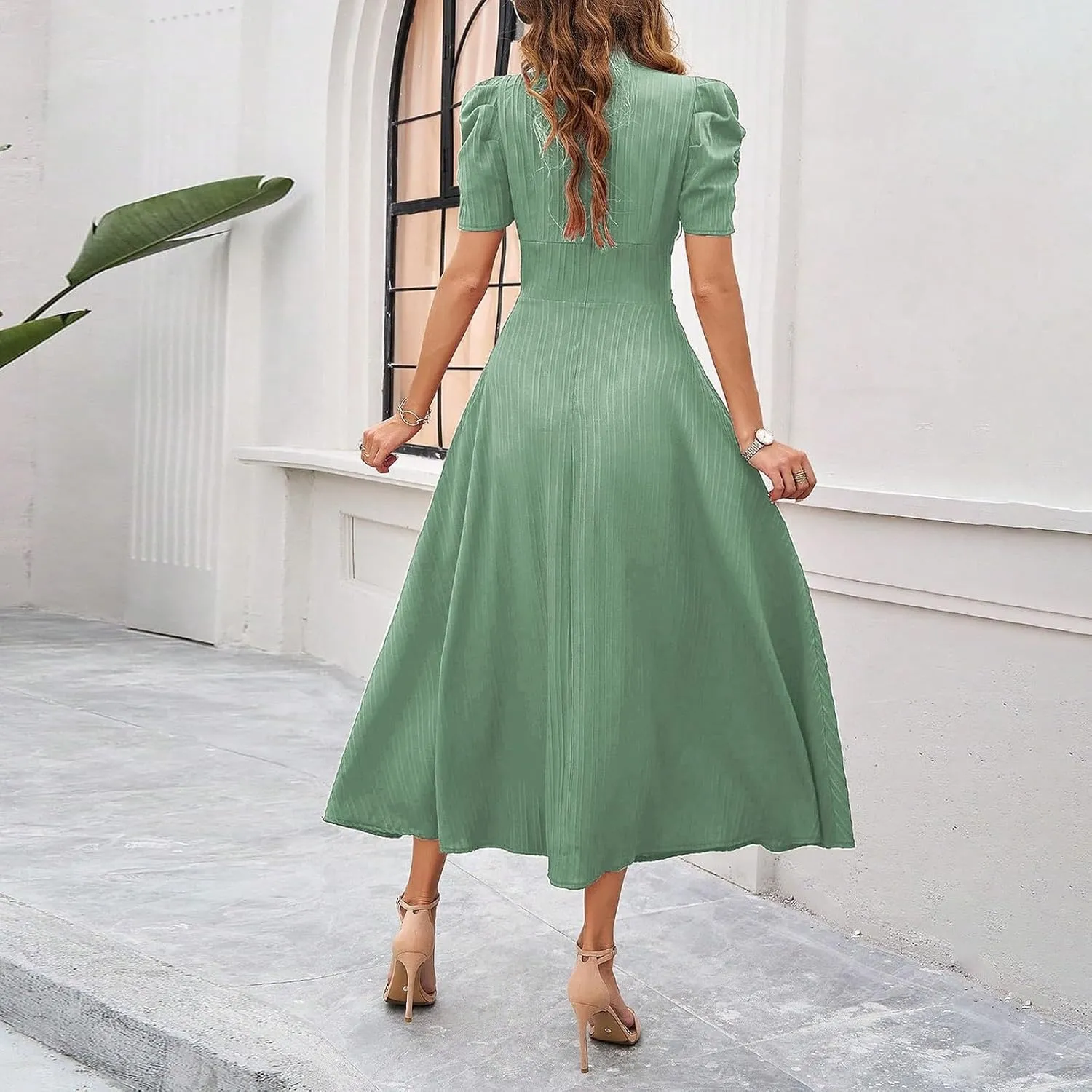 Women's Short Flutter Sleeve Dress High Waist V Neck Puff Sleeve Wedding Guest Pleated Formal Evening Maxi Dresses