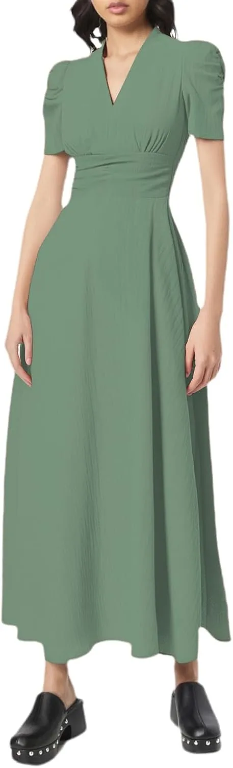 Women's Short Flutter Sleeve Dress High Waist V Neck Puff Sleeve Wedding Guest Pleated Formal Evening Maxi Dresses