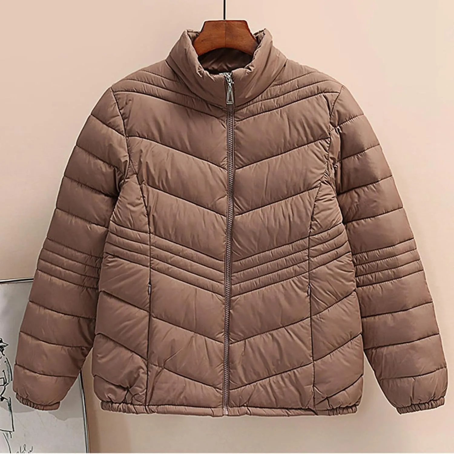 Women's Short Quilted Jackets Casual Stand Collar Zip Up Winter Down Puffer Jacket Padded Outerwear Coats with Pocket