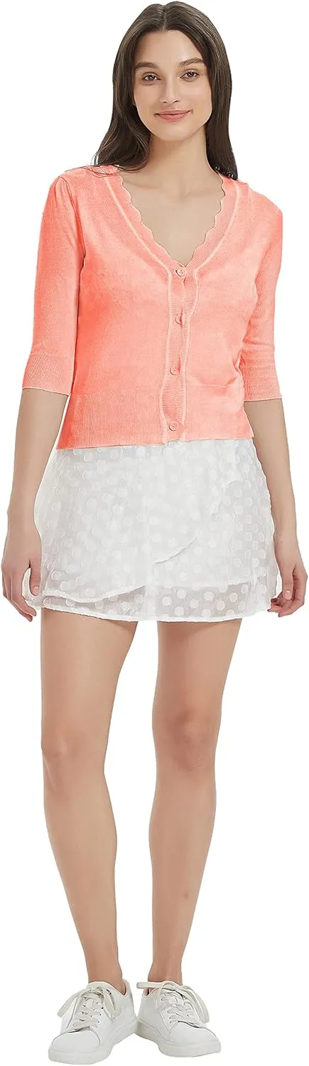 Women's Short Sleeve Cropped Cardigan Button Down Sweater Lightweight Knit Shrugs