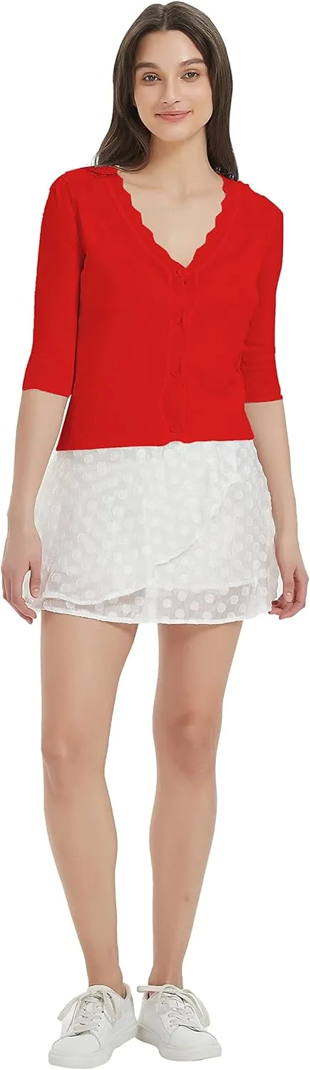 Women's Short Sleeve Cropped Cardigan Button Down Sweater Lightweight Knit Shrugs