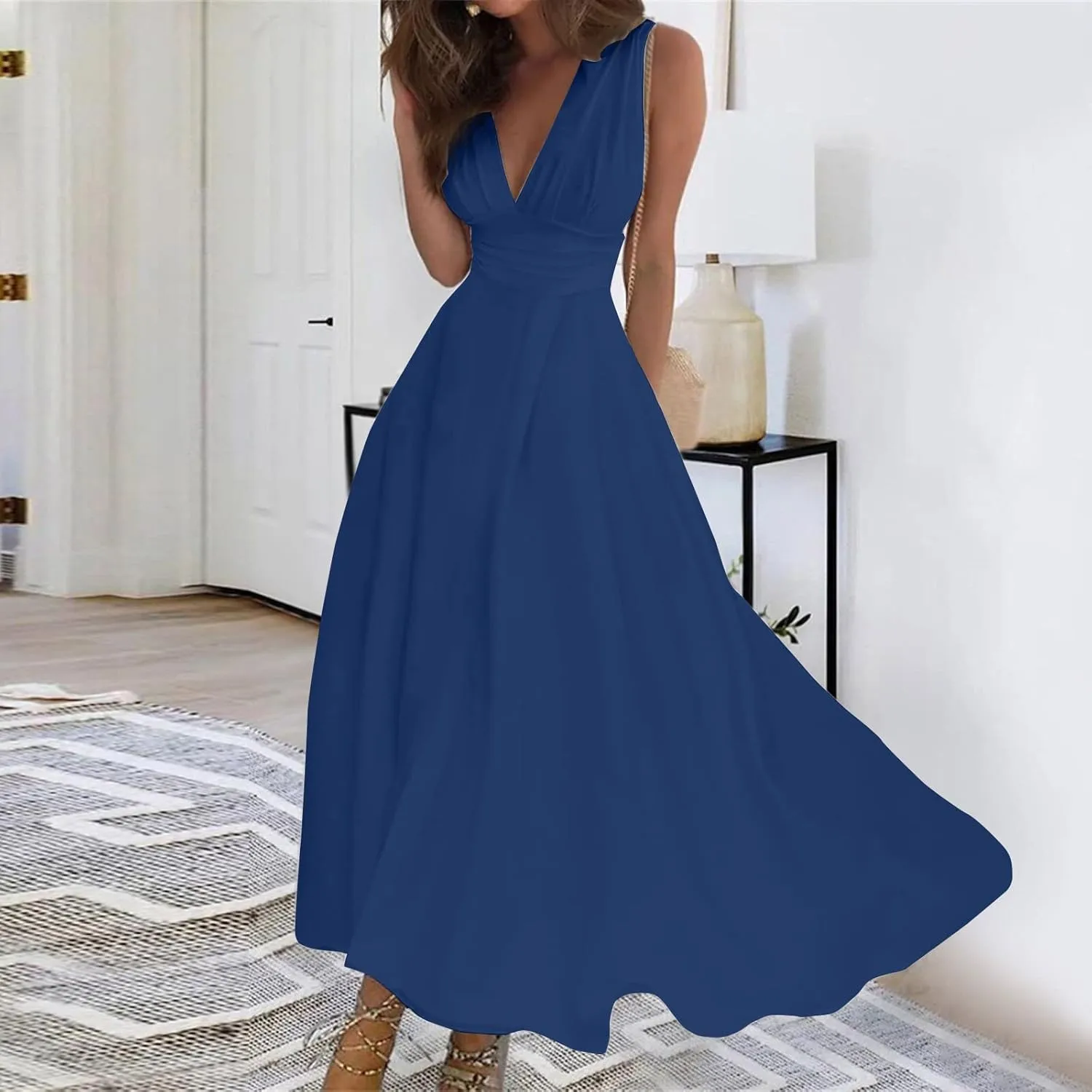 Women's Sleeveless Deep V Neck Floral Print Maxi Dresses Pleated High Waist Party Evening Long Dress