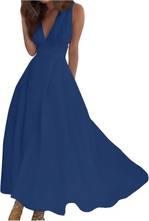 Women's Sleeveless Deep V Neck Floral Print Maxi Dresses Pleated High Waist Party Evening Long Dress