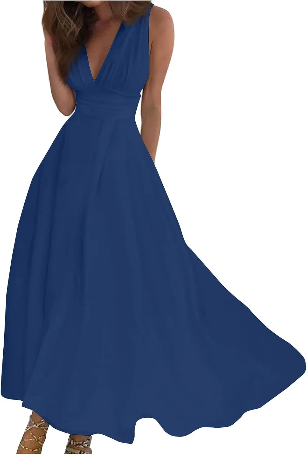 Women's Sleeveless Deep V Neck Floral Print Maxi Dresses Pleated High Waist Party Evening Long Dress