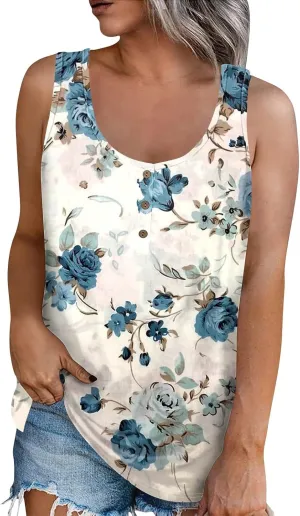 Womens Sleeveless Summer Tank Top Oversized Trendy Crew Neck Tunic Tops Comfy Loose Fit Print Soft Tank Tops