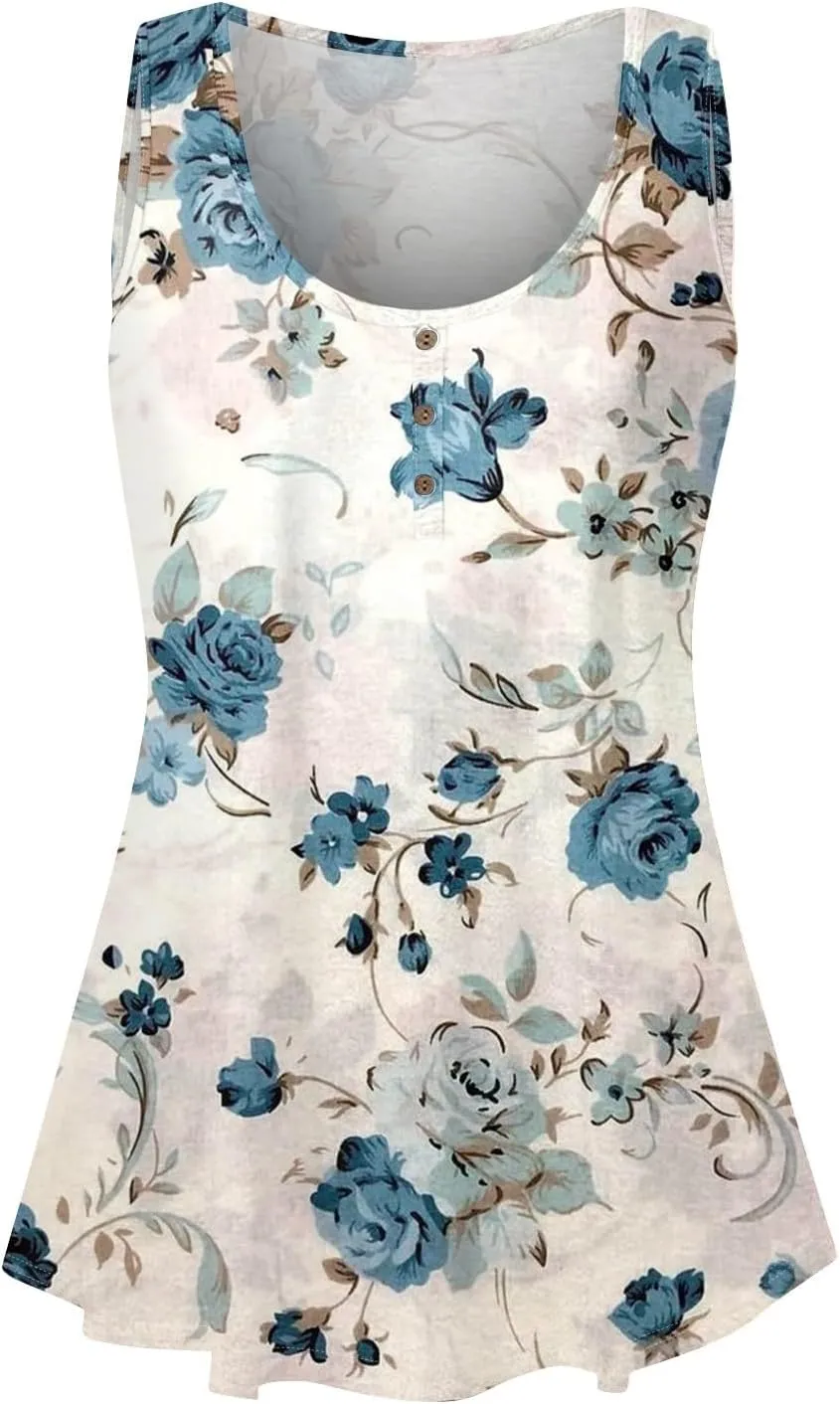 Womens Sleeveless Summer Tank Top Oversized Trendy Crew Neck Tunic Tops Comfy Loose Fit Print Soft Tank Tops