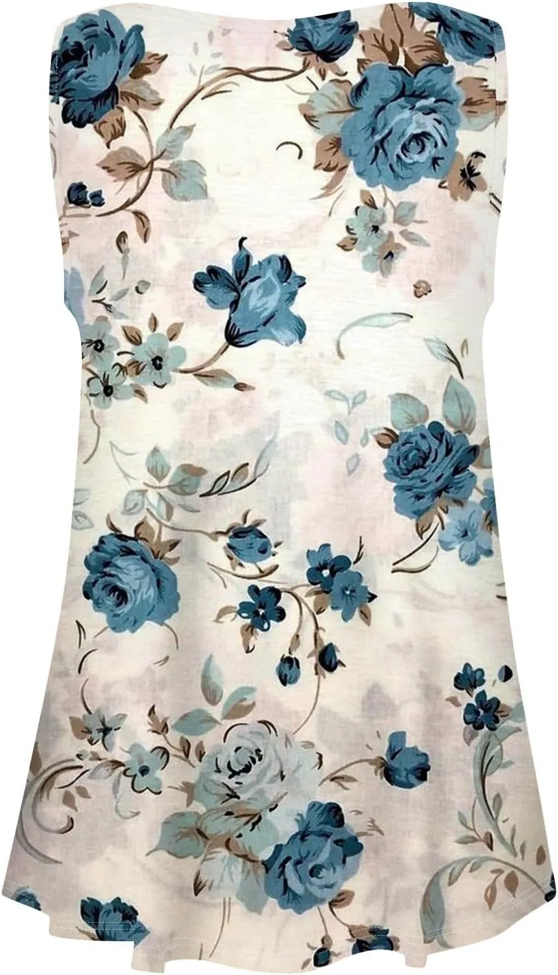 Womens Sleeveless Summer Tank Top Oversized Trendy Crew Neck Tunic Tops Comfy Loose Fit Print Soft Tank Tops